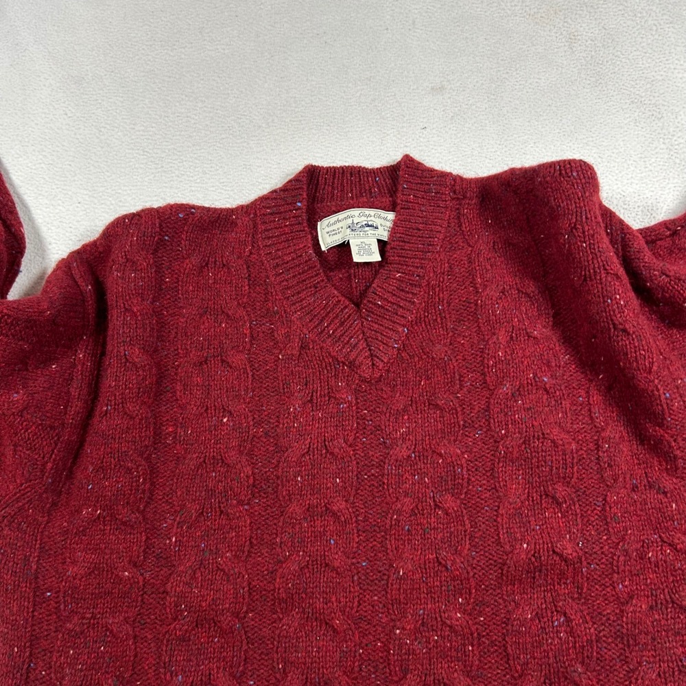 Vintage Gap Sweater Mens XL Red 100% Wool Cable Knit V-Neck Donegal Fleck - Picture 6 of 8